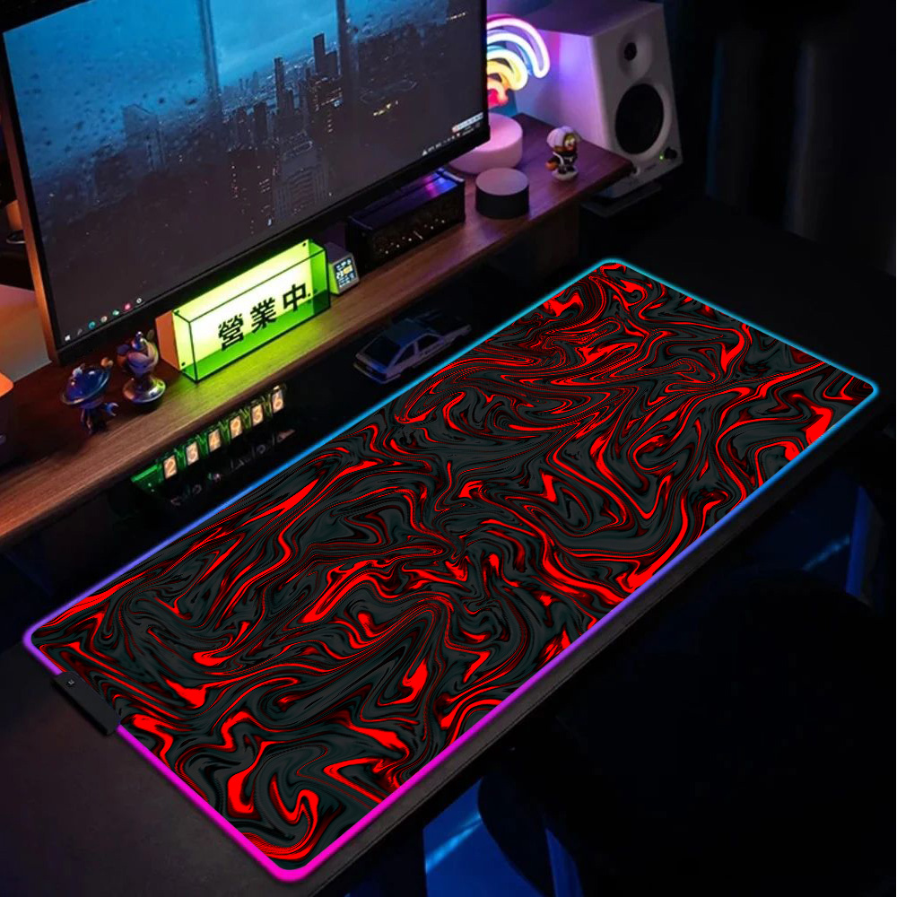 Pc Gaming Liquid - แผ่นรองเมาส์ RGB แผ่นรองเมาส์สีแดงและสีดำลายหินอ่อนเหลว แสงไฟด้านหลัง แผ่นรองโต๊ะ แผ่นรองเล่นเกม