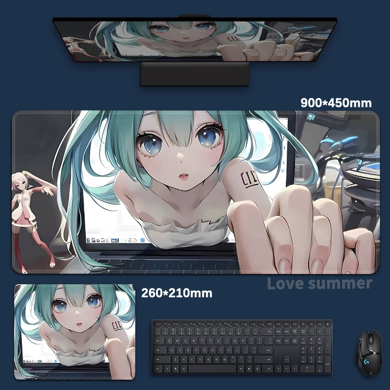 Pc Gaming Hatsune Miku - แผ่นรองเมาส์เกมมิ่งขนาดใหญ่ลายอนิเมะมิคุ ทำจากหนัง PU แผ่นรองคีย์บอร์ดแบบขยาย แผ่นรองเมาส์กันลื่นสำหรับอีสปอร์ต สำหรับเกมเมอร์พีซี