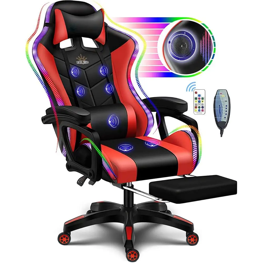 Gaming Speaker - เก้าอี้เกมมิ่งพนักพิงสูงตามหลักสรีรศาสตร์ พร้อมไฟ LED RGB, ลำโพง และระบบนวด