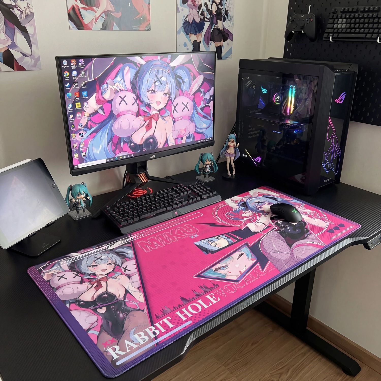Pc Gaming Hatsune Miku - แผ่นรองเมาส์เกมมิ่งขนาดใหญ่พิเศษ ลายฮัตสึเนะ มิกุ รูปกระต่าย อนิเมะ สาวน้อยน่ารัก