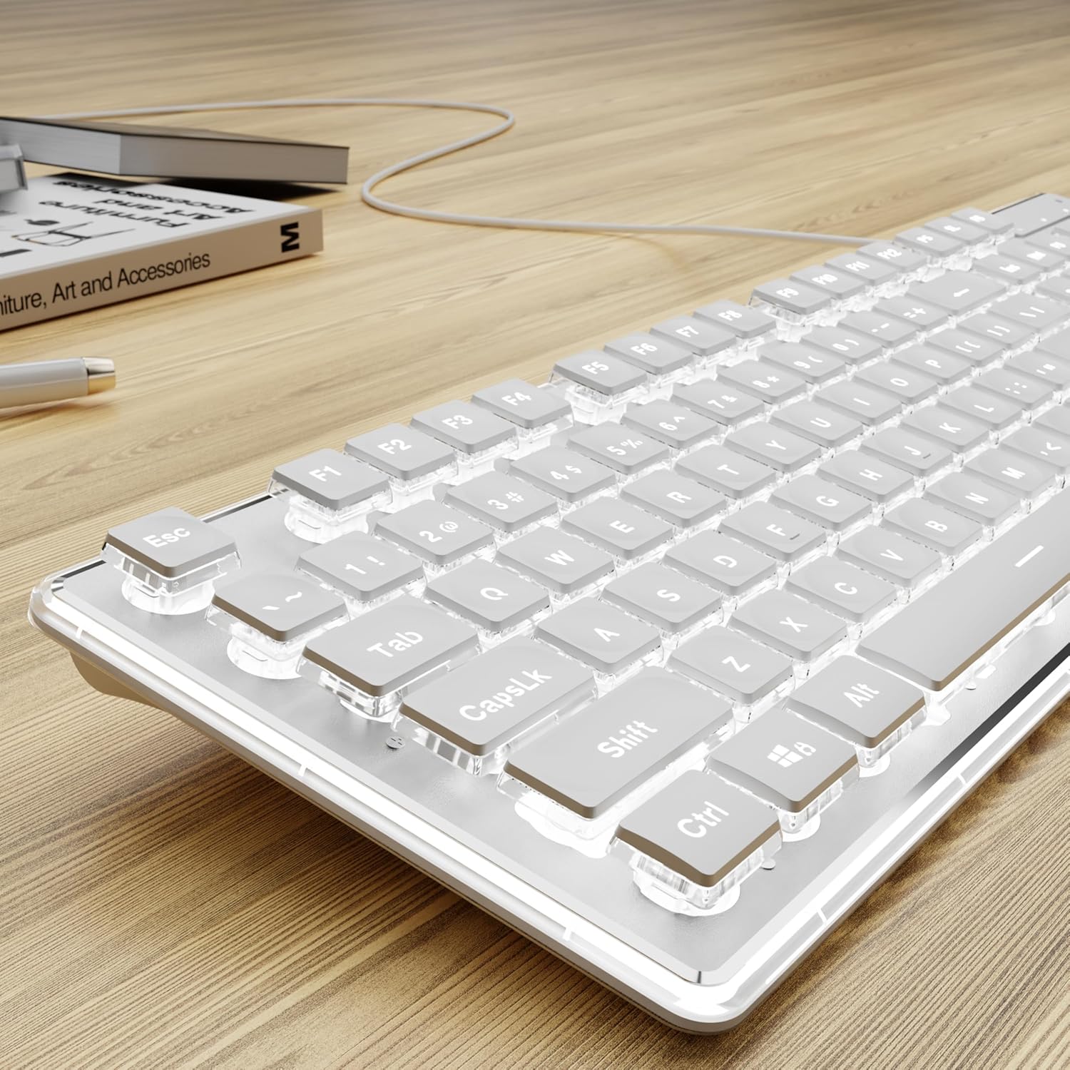 Pc Gaming Fullset - คีย์บอร์ด USB แบบมีสายพร้อมแผงโลหะเรืองแสงสีขาว ปุ่มกดแบบพุดดิ้ง คีย์บอร์ดคอมพิวเตอร์ขนาดเต็มแบบเงียบ สำหรับ