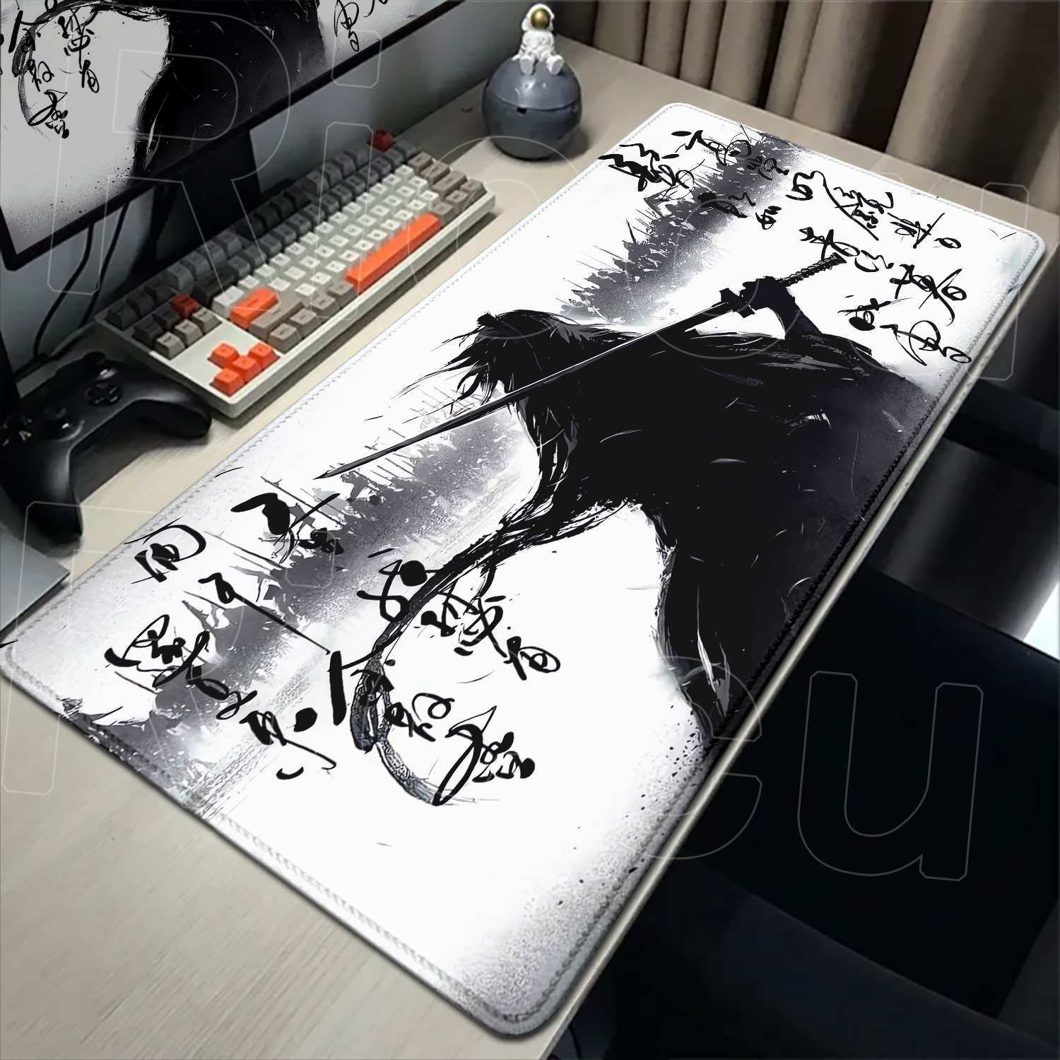 Pc Gaming Drawing - ซามูไร นักรบ แผ่นรองเมาส์ลายขาวดำ อุปกรณ์เสริมคอมพิวเตอร์สำหรับเกมเมอร์ พีซี คีย์บอร์ด